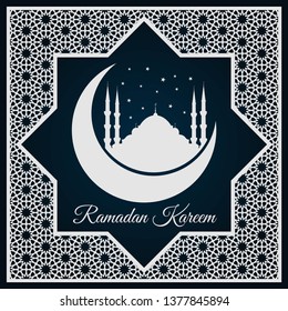 Ramadan Kareem greeting card or banner with Mosque silhouette on crescent moon and Arabic ornament, Islamic pattern. Vector illustration.
