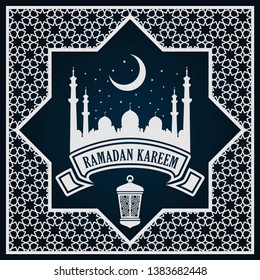 Ramadan Kareem greeting card or banner with Mosque silhouette on crescent moon and Arabic ornament, Islamic pattern. Vector illustration.