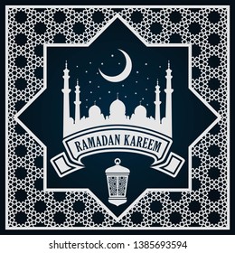 Ramadan Kareem Greeting Card Or Banner With Mosque Silhouette, Crescent Moon And Arabic Ornament, Islamic Pattern. Vector Illustration.