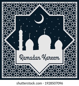 Ramadan Kareem  greeting card or banner with Mosque silhouette. Background is decorated with arabic pattern.