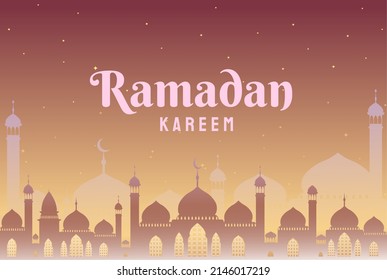 Ramadan kareem greeting card and banner. Vector illustration of Islamic Mosque and  minarets with moon and stars background perfect for social media post or banner.