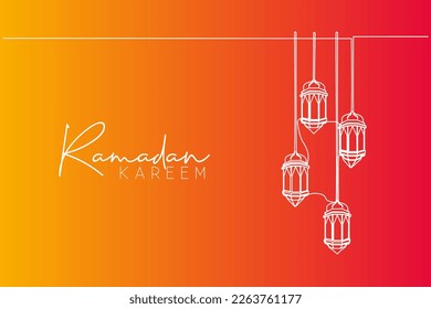 Tarjeta de felicitación Ramadan Kareem, cartel y diseño de afiches. Un dibujo de una sola línea de lámparas farolillos islámicos adornado con un cable de fondo blanco. Ilustración vectorial de trazo de línea continua