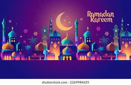 Ramadan Kareem greeting card or banner vector illustration of lantern Fanus. the Muslim feast of the holy month of Ramadan Kareem. Translation from Arabic: Generous Ramadan mosque, crescent wallpaper