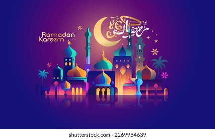 Ramadan Kareem greeting card or banner vector illustration of lantern Fanus. the Muslim feast of the holy month of Ramadan Kareem. Translation from Arabic: Generous Ramadan mosque, crescent wallpaper