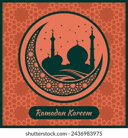 Ramadan Kareem greeting card or banner with Mosque silhouette on crescent moon and Arabic ornament, Islamic pattern. Vector illustration.