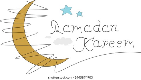 Ramadan Kareem greeting card, banner. One continuous single line of Ramadan Kareem workd with moon single lne draw vector illustration