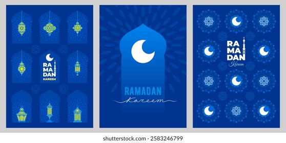 Ramadan Kareem greeting card, banner or poster templates set. Traditional arabic lanterns, geometric patterns, arch windows. Lettering Ramadan Kareem. Vector illustration in flat minimal style 