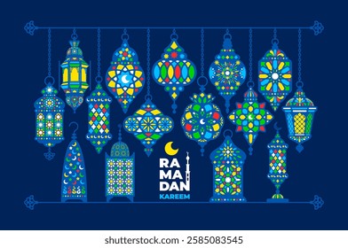 Ramadan Kareem greeting card or banner template. Lettering Ramadan Kareem on dark blue background decorated with traditional arabian lanterns with geometric patterns. Vector illustration
