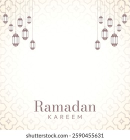 Ramadan Kareem greeting Card banner poster template design with hanging lamp. isolated on whit background and Islamic pattern. translated: Ramadan Kareem for Month of Muslim. eps10 format. 