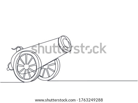 Ramadan Kareem greeting card, banner and poster design. One continuous line drawing of metal cannon ball aimed to the sky ready to shot with white background. Single line draw vector illustration