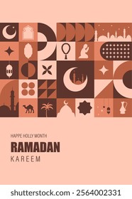 Ramadan Kareem greeting card. Bauhaus background with mosque, moon, stars, arches window. Trendy minimalist postcard. Vector illustration in neo geometric style. Traditional Islamic holiday.