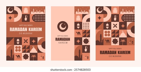 Ramadan Kareem greeting card. Bauhaus background with mosque, moon, stars, arches window. Set of Trendy minimalist postcards. Vector illustration in neo geometric style. Traditional Islamic holiday.