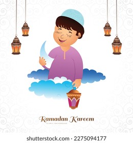 	
Ramadan kareem greeting card with beautiful muslim kids holding arabic lantern design