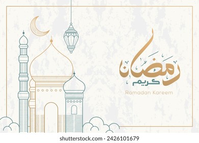 Tarjeta de felicitación de Ramadán Kareem con garabato grande del contorno de la mezquita y caligrafía árabe significa ilustración vectorial del Ramadán sagrado