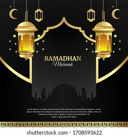 Ramadan kareem greeting card with black background and gold lantern. Perfect for your islamic content.