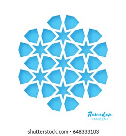 Ramadan Kareem Greeting card .Blue Origami Arabesque Mosque Window. Arabic Ornamental pattern in paper cut style.Holy month of muslim. Vector