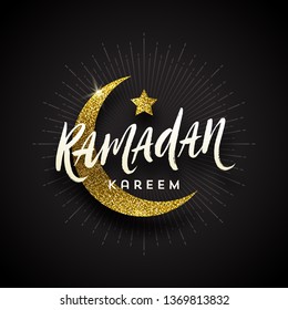 Ramadan Kareem greeting card - Brush calligraphy greeting,  glitter gold moon and star on a black background. Vector illustration.