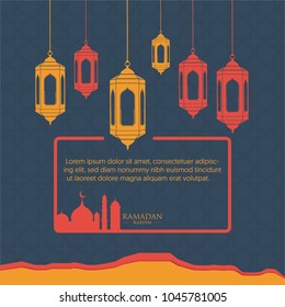 Ramadan Kareem Greeting card Calligraphy with Traditional lantern and Mosque in dark blue Background