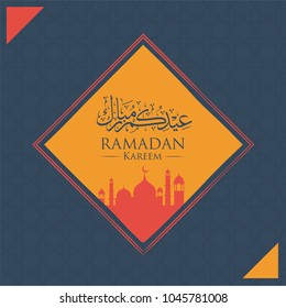 Ramadan Kareem Greeting card Calligraphy with Traditional lantern and Mosque in dark blue Background