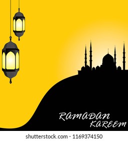 Ramadan Kareem Greeting card Calligraphy with Traditional lantern and Arabic Letter. Vector Illustration and background.