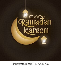 Ramadan Kareem Greeting card Calligraphy with Traditional lantern and crescent. Arabic shining lamps, Islamic background. Ramadan hanging shiny lanterns poster with crescent moon. Vector