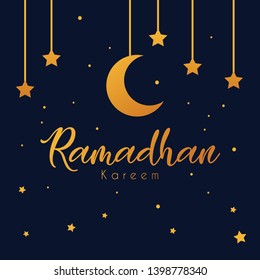 Ramadan Kareem greeting card with calligraphy. Vector illustration of islamic holiday symbols. Line sketched, new moon and stars. Arabic pattern design background.