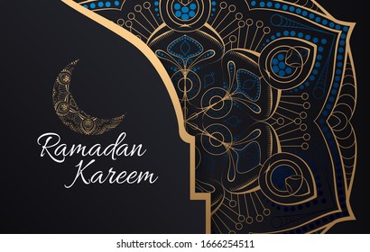 Ramadan Kareem greeting card with calligraphy. Vector illustration of Islamic holiday symbols. Crescent moon and mosque dome silhouette with Arabic pattern and calligraphy Vector illustration.