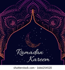 Ramadan Kareem greeting card with calligraphy. Vector illustration of Islamic holiday symbols. Crescent moon and mosque dome silhouette with Arabic pattern and calligraphy Vector illustration.