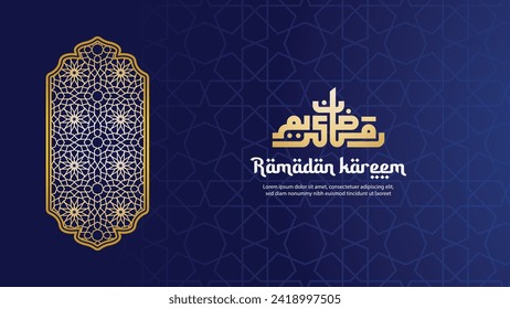 Ramadan Kareem greeting card with calligraphy. Blue Islamic pattern background