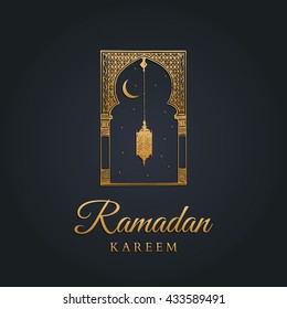 Ramadan Kareem greeting card with calligraphy. Vector illustration of islamic holiday symbols. Hand sketched oriental arch, lantern, new moon and stars. Arabic pattern design background.