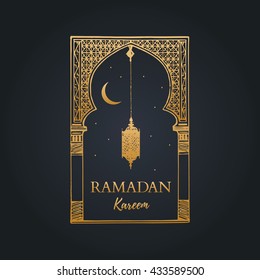 Ramadan Kareem greeting card with calligraphy. Vector illustration of islamic holiday symbols. Hand sketched oriental arch, lantern, new moon and stars. Arabic pattern design background.