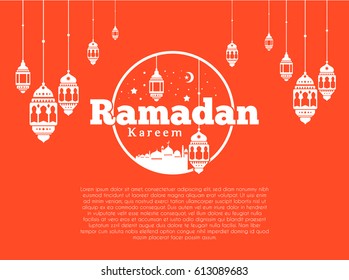 Ramadan Kareem Greeting card Calligraphy with Traditional lantern and Mosque. Vector Illustration.