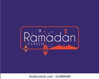 Ramadan Kareem Greeting card Calligraphy with Traditional lantern and Mosque in purple Background. Vector Illustration.