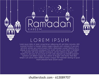 Ramadan Kareem Greeting card Calligraphy with Traditional lantern and Mosque in purple Background. Vector Illustration.