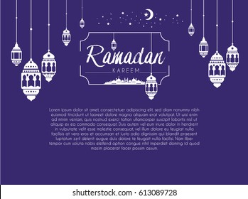 Ramadan Kareem Greeting card Calligraphy with Traditional lantern and Mosque in purple Background. Vector Illustration.