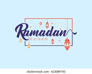 Ramadan Kareem Greeting card Calligraphy with Traditional lantern and Mosque. Vector Illustration.