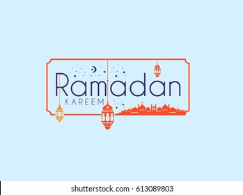 Ramadan Kareem Greeting card Calligraphy with Traditional lantern and Mosque. Vector Illustration.