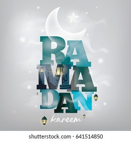 Ramadan kareem. Greeting card with clouds and moon. Vector background design.