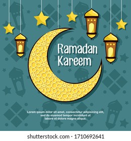 Ramadan Kareem Greeting Card Concept With Moon And Hanging Lattern Cute Cartoon Illustration. Muslim Festival