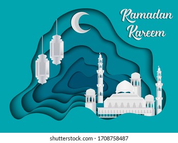 Ramadan Kareem greeting card , cover , banner, or poster. White Mosque with  moon and lanterns  in paper cut style.  Vector illustration. 