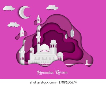Ramadan Kareem greeting card , cover , banner, or poster. White Mosque with  moon and lanterns  in paper cut style.  Vector illustration. 