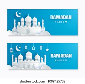 Ramadan Kareem greeting card with crescent moon paper art background. Eid Mubarak banner template. Use for invitations, sale, poster, flyer, brochure, vector illustration.
