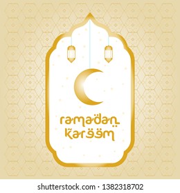 Ramadan kareem greeting card. crescent, lantern and typography with gold. -vector