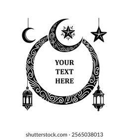 Ramadan kareem greeting card with crescent moon, lantern and star elements