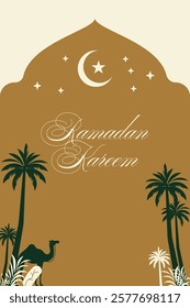 Ramadan Kareem Greeting Card with Crescent Moon and Palm Trees