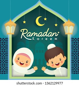 Ramadan Kareem Greeting Card. Cute Cartoon Muslim Kids With Fanoos Lantern, Mosque, Crescent Moon, Stars & Blue Window Frame. (translation: Ramadan The Generous Month)