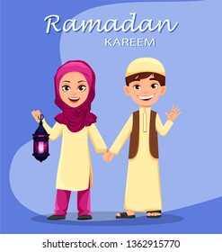 Ramadan Kareem greeting card with cute Arabian boy and girl. Celebration of traditional Muslim holiday. Vector illustration