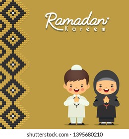 Ramadan kareem greeting card. Cute cartoon muslim holding misbaha tasbih isolated on islamic pattern background. Flat vector illustration. Ramadan Kareem means Ramadan the Generous Month. 