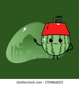 Ramadan Kareem greeting card. Cute cartoon watermelon fruit wearing traditional muslim hat.