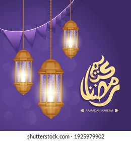 Ramadan Kareem greeting card decorated with arabic lanterns, crescent moon and calligraphy inscription which means ''Ramadan Kareem'' on purple background. Realistic style. Vector Illustration